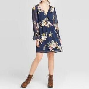 Xhilaration Blue Floral V-Neck Dress Women's Size Medium NWT
